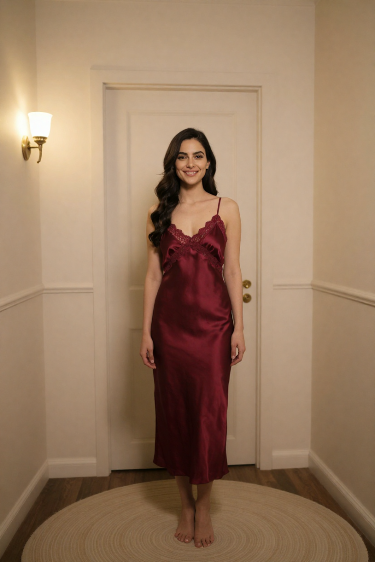Fictional 27-year-old muse in a wine-red silk slip dress on the round rug of the Vestibule